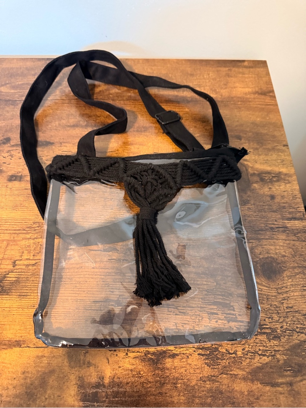 Clear Crossbody Bag with Black Macramé Trim